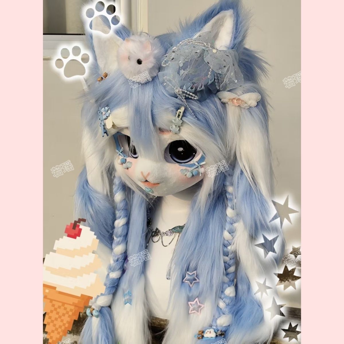 Cosplay Prop Making - カスタム OC デザイン猫ケモノ毛皮スーツヘッド手作りレース装飾ロリータ毛皮マスクハロウィンコスプレ小道具
